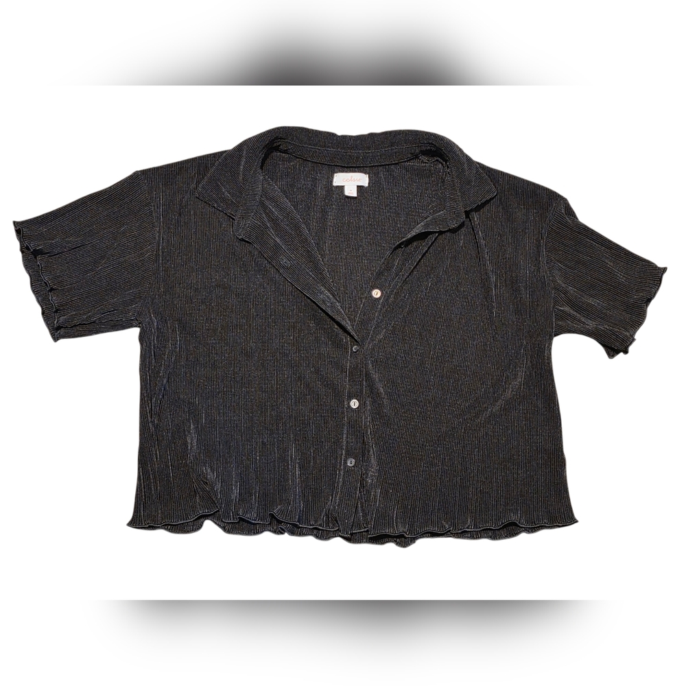 Colsie Black Ribbed Crop Button Down Shirt M